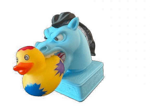Bronco Buck biting a rubber duck